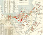 Kart over Trondheim fra 1898. Lademoen ligger nordøst for sentrum; detaljkart innfelt til høyre (se utsnittet i bildet under).