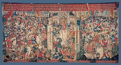 A very busy picture where many figures are shown dressed in late medieval style. In the centre is the temple where Achilles is being ambushed. On either sides are the battles where Troilus and Paris are killed. Scrolls of text are visible above and below the picture, though what is written is not clear.