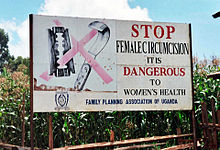 Panneau situé devant un champ de maïs sur lequel une lame de rasoir est barrée avec un texte demandant l'arrêt des MGF en raison de leur dangerosité pour les femmes