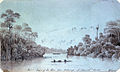 Image 47A view of a river from the anchorage off Sarawak, Borneo, c. 1800s. Painting from the National Maritime Museum of London. (from History of Malaysia)