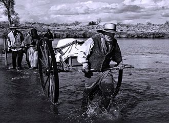 Reenactment of 1856 Mormon handcart pioneers