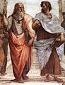 Image 7Plato (left) and Aristotle (right), a detail of The School of Athens, a fresco by Raphael. Aristotle gestures to the earth, representing his belief in knowledge through empirical observation and experience, while holding a copy of his Nicomachean Ethics in his hand, whilst Plato gestures to the heavens, representing his belief in The Forms.