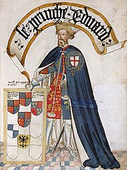 image of a bearded man in late medieval finery, wearing a crown, with a board indicating his lordships