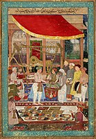 Emperor Jahangir weighs Prince Khurram by Manohar Das, 1610–15, from Jahangir's own copy of the Tuzk-e-Jahangiri. The names of the main figures are noted on their clothes, and the artist shown at bottom.