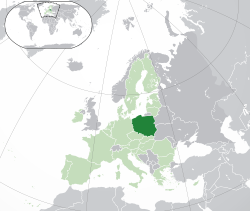 Ibùdó ilẹ̀  Pólándì  (dark green) – on the European continent  (light green & dark grey) – in the European Union  (light green)  —  [Legend]