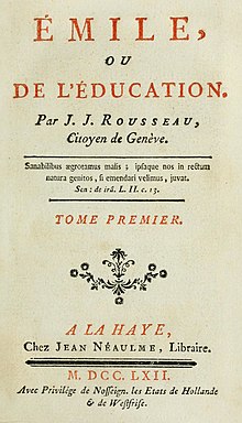 En la página está escrito "Émile, ou de L'Education. Par J. J. Rousseau, Citoyen de Genève....Tome Premier. A La Haye, Chez jean Neaulme, Libraire. M.DCC.LXII...."