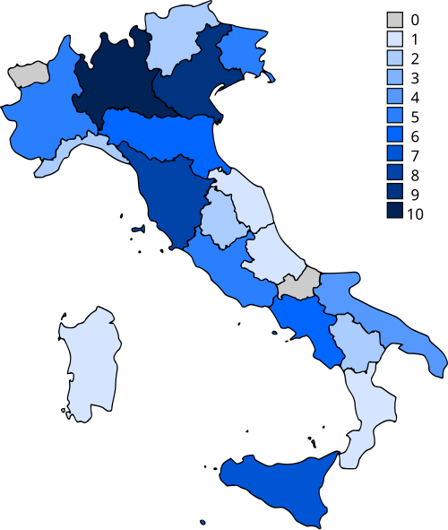 توزیع سایت‌های میراث جهانی یونسکو در ایتالیا بر اساس منطقه (۲۰۱۹)