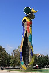 Dona i Ocell, by Joan Miró, 1983, glazed tile mosaic, Barcelona, Spain[81]