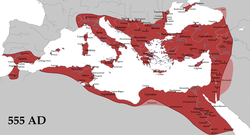A birodalom legnagyobb kiterjedése idején 555-ben, I. Iusztinianosz uralkodása alatt