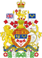 A shield divided into four rectangles over a triangle. The first rectangle contains three lions passant guardant in gold on red; the second, a red lion rampant on gold; the third, a gold harp on blue; the fourth, three gold fleurs-de-lis on blue. The triangle contains three red maple leaves on a white background. A gold helmet sits on top of the shield, upon which is a crowned lion holding a red maple leaf. On the right is a lion rampant flying the Union Flag. On the left is a unicorn flying a fleurs-de-lis flag. A red ribbon around the shield says "desiderantes meliorem patriam". Below is a blue scroll inscribed "A mari usque ad mare" on a wreath of flowers.