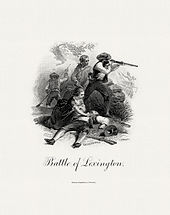 A printed engraving in black and white showing several people in 18th-century garb; one is firing a rifle. Another lies on the ground, dead or wounded; a woman tends to him.