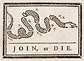 Image 5 "Join, or Die" Restoration: Adam Cuerden "Join, or Die", a 1754 editorial cartoon by Benjamin Franklin, a woodcut showing a snake severed into eight pieces, with each segment labeled with the initials of a British American colony or region (not all colonies are represented). It was originally about the importance of colonial unity against France during the French and Indian War, and re-used in the years ahead of the American Revolution to signify unity against Great Britain. More selected pictures