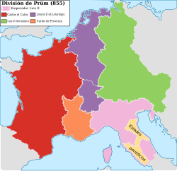 The Kingdom of Lotharingia (purple) and other Carolingian kingdoms following the Treaty of Prüm, 855