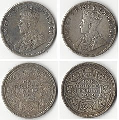 Silver one rupee coins used in India during the British Raj, showing George V, King-Emperor, 1913 (left) and 1919 (right)