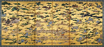 รากูจู รากูไง ซุ ภาพวาดเกียวโตกลางในคริสต์ศตวรรษที่ 16 ที่รวมเทศกาลกิองลอย (กลาง) และคิโยมิซูเดระ (บนขวา)