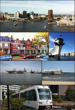 Clockwise from top: Downtown Norfolk skyline as viewed from across the Elizabeth River, Stampa:USS</ref> battleship museum, Ocean View Pier, The Tide light rail, ships at Naval Station Norfolk, historic homes in Ghent