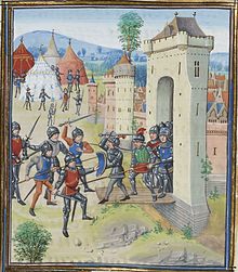 A colourful medieval image of a town under attack
