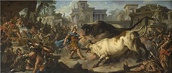 Immagine di dipinto di Jean-François de Troy raffigurante Giasone che doma i tori della Colchide