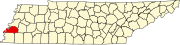 Hartă a statului Tennessee indicând comitatul Tipton