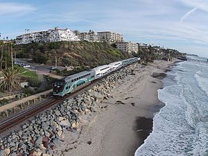 A Metrolink train near San Clemente Pier station