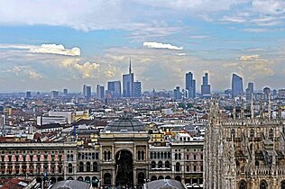 Milanese skyline of Porta Nuova district viewed from Piazza del Duomo, Italy