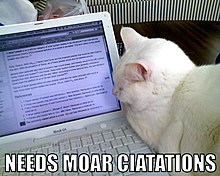 Cat in front of screen showing Wikipedia, captioned "NEEDS MOAR CIATATIONS