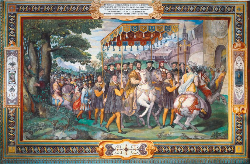 Taddeo Zuccari, L’Entrée solennelle de l’empereur Charles V, François Ier de France et du cardinal Alexandre Farnèse à Paris en 1540, entre 1557 et 1566, villa Farnèse.