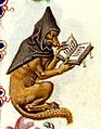 Lesender Fuchs mit klerikaler Kopfbedeckung (Stundenbuch, etwa 1460)