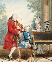A man in a long red coat, knee-britches and white stockings is playing a violin. A small child dressed in blue sits at the piano or harpsichord. A young woman faces them, holding a sheet of music. In the background there are trees and a pale sky.