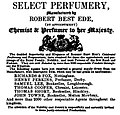 Robert Best Ede, chemist and perfumer to Queen Victoria (print ad from 1840)