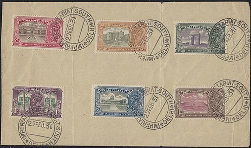 A second-day cancellation of the series "Inauguration of New Delhi", 27 February 1931, commemorating the new city designed by Sir Edwin Lutyens and Sir Herbert Baker