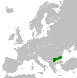 Tummanvihreällä Bulgaria ja vaaleanvihreällä Itä-Rumelia, joka oli personaaliunionissa Bulgarian kanssa vuodesta 1885 lähtien.