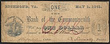 1861 Bank of the Commonwealth 1 dollar banknote