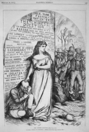 დაუმორჩილებელი კოლუმბია 1871 წლის თომას ნესტის ილუსტრაციაში, რომელშიც ასახულია, როგორ იცავს ის დაუცველ ჩინელ კაცს, რომლის წინააღმდეგაც გაბრაზებულ ირლანდიელთა ბრბო ილაშქრებს.