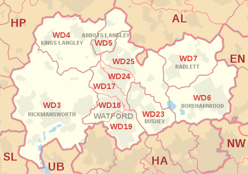 WD postcode area map, showing postcode districts, post towns and neighbouring postcode areas.