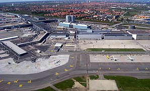Copenhagen Airport, terminal and main hangar area with new low-cost terminal to the left