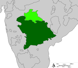 Hyderabad (dark green) and Berar Province not a part of Hyderabad State but also the Nizam's Dominion between 1853 and 1903 (light green).