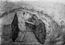 A monochrome illustration of three large stone slabs partially buried in soil.