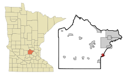 Location of the city of Rockford within Wright and Hennepin Counties in the state of Minnesota