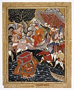 Arghan Div Brings the Chest of Armor to Hamza, from Volume 7 of the Hamzanama, supervised by Samad, ca. 1562–1577. Opaque watercolor and gold on cotton.