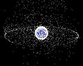 Image 59A computer-generated image mapping the prevalence of artificial satellites and space debris around Earth in geosynchronous and low Earth orbit (from Earth)