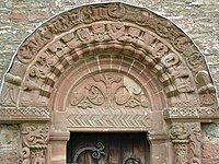 Tympanum (showing the tree of life) and archivolt at Church of St Mary and St David, Kilpeck, Herefordshire, England