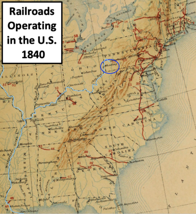 map showing railroad line in the U.S. in 1840, Wheeling's location, and highlighting the Ohio and Mississippi rivers