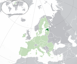  Estlands placering  (mørkegrøn) – på det europæiske kontinent  (lysegrøn og mørkegrå) – i den Europæiske Union  (lysegrøn)  –  [Forklaring]