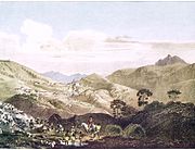Pintura retratando a lavra do ouro em primeiro plano e Vila Rica ao fundo. (Rugendas, 1820-1825).