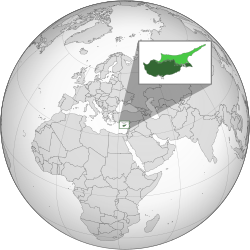 Location of the Republic of Cyprus in dark green, territory claimed but not controlled in light green
