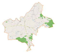 Mapa konturowa gminy Szczurowa, po prawej nieco u góry znajduje się punkt z opisem „Zaborów”