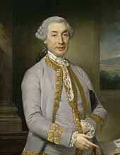 Half-length portrait of a middle-aged man with a wig. He is wearing a good coat. His left hand is inside his waistcoat.