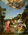 Baba Tanrı (üstte) ve Kutsal Ruh (bir güvercinle temsil edilir) İsa vaftiz olurken gökyüzünde tasvir edilmiştir. Francesco Albani'nin tablosu (d. 1660)