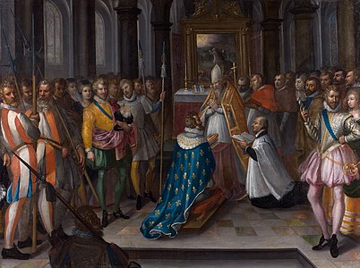 Henrik IV. Francoski se leta 1593 v Saint-Denisu odpove protestantizmu, avtor Nicolas Baullery